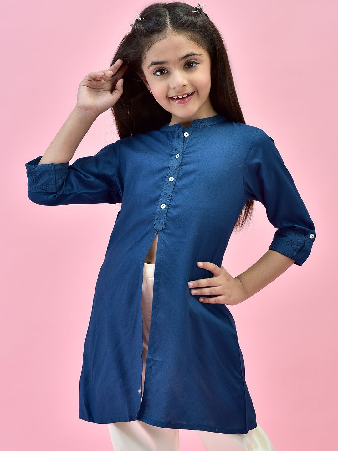 

Juniper Girls Mandarin Collar Roll-Up Sleeves Liva Kurta with Front Slit, Blue