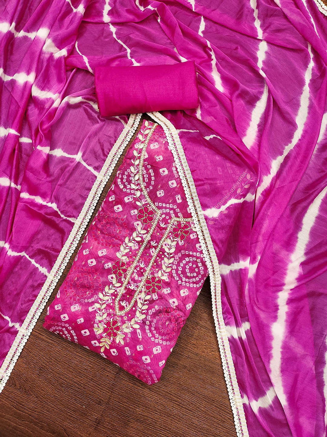 

KALINI Bandhani Printed Beads and Stones Unstitched Dress Material, Pink