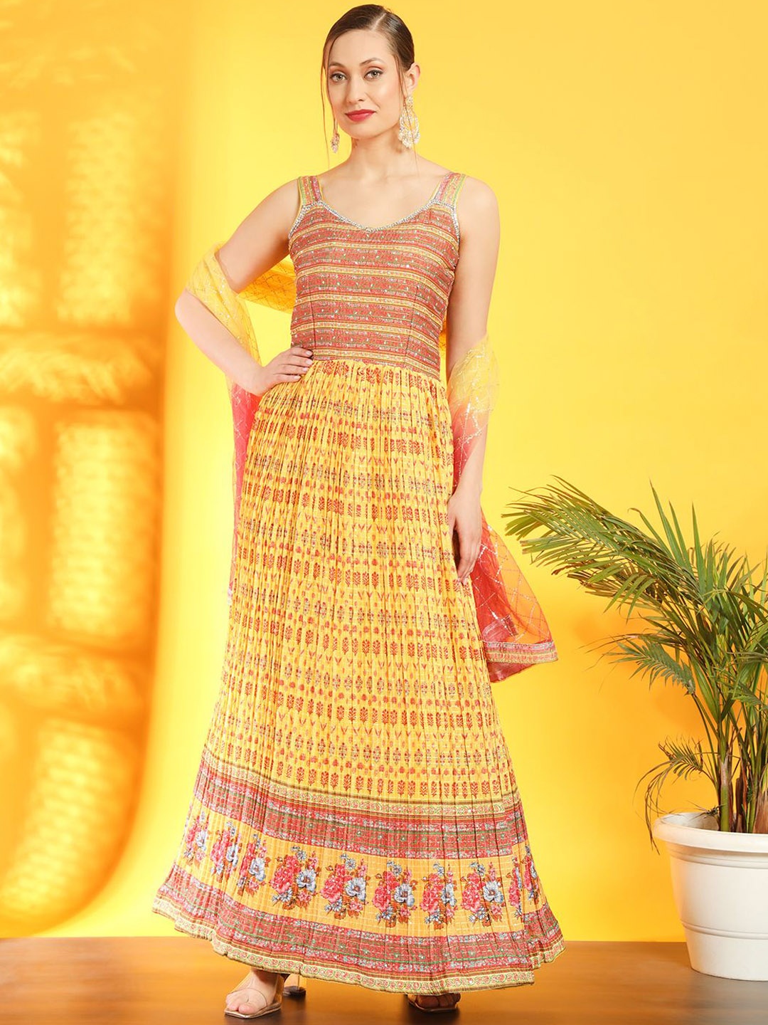 

Chhabra 555 Printed Pleated Ethnic Dresses With Embroidered Dupatta, Yellow