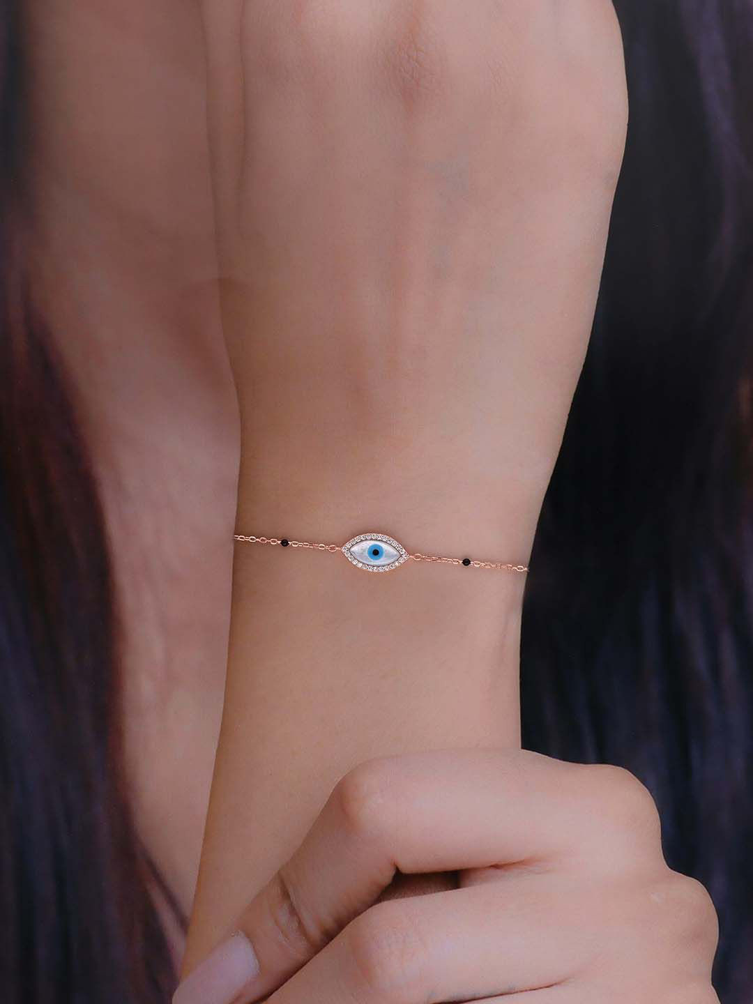 

KAI JEWEL Sterling Silver CZ Studded Rose Gold-Plated Evil Eye Minimalistic Link Bracelet