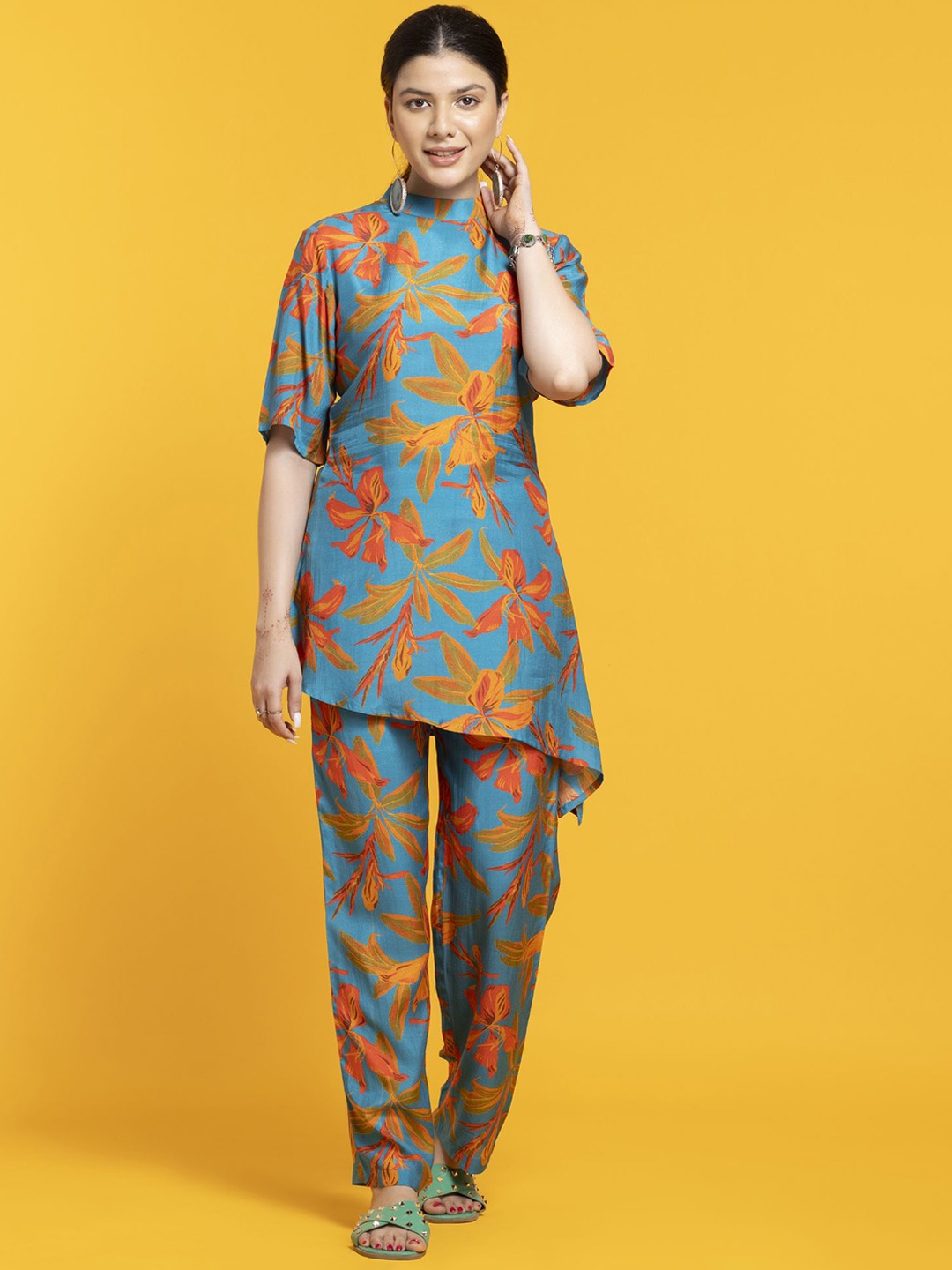 

SEW YOU SOON Floral Printed High Neck Tunic With Trousers, Blue