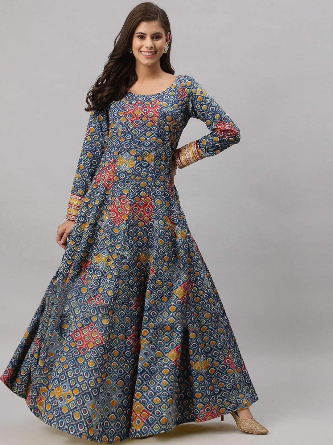 

Get Glamr Bandhani Printed Sequinned Cotton Maxi Anarkali Ethnic Dress, Blue