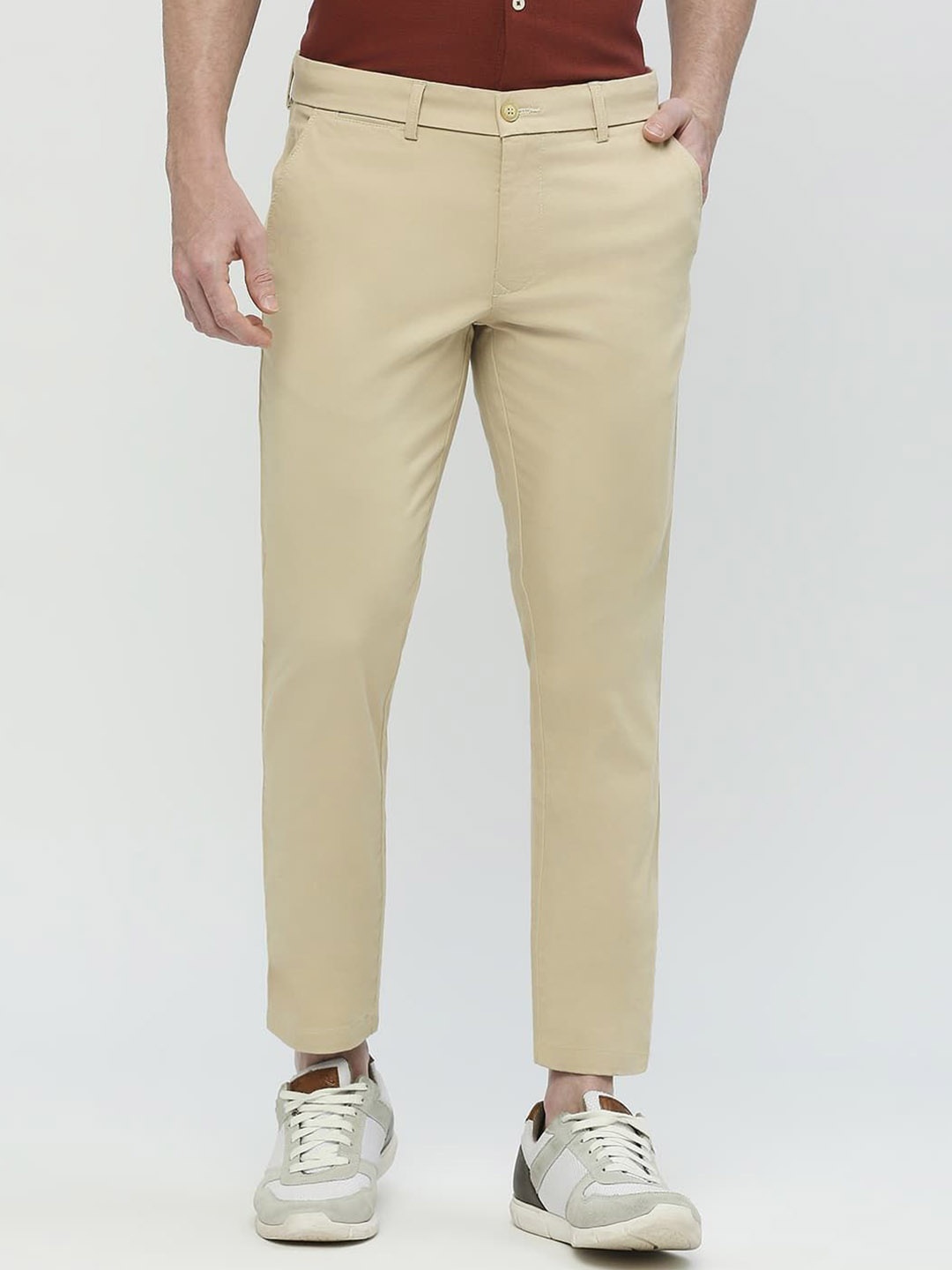 

Basics Men Cotton Mid-Rise Flat-Front Slim Fit Trousers, Brown