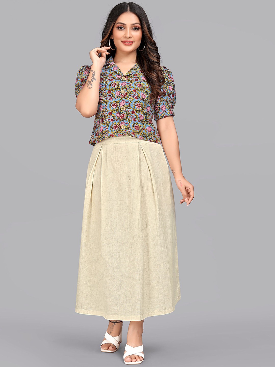 

Kinjo Cotset Floral Printed Pure Cotton Shirt & Skirt, Blue