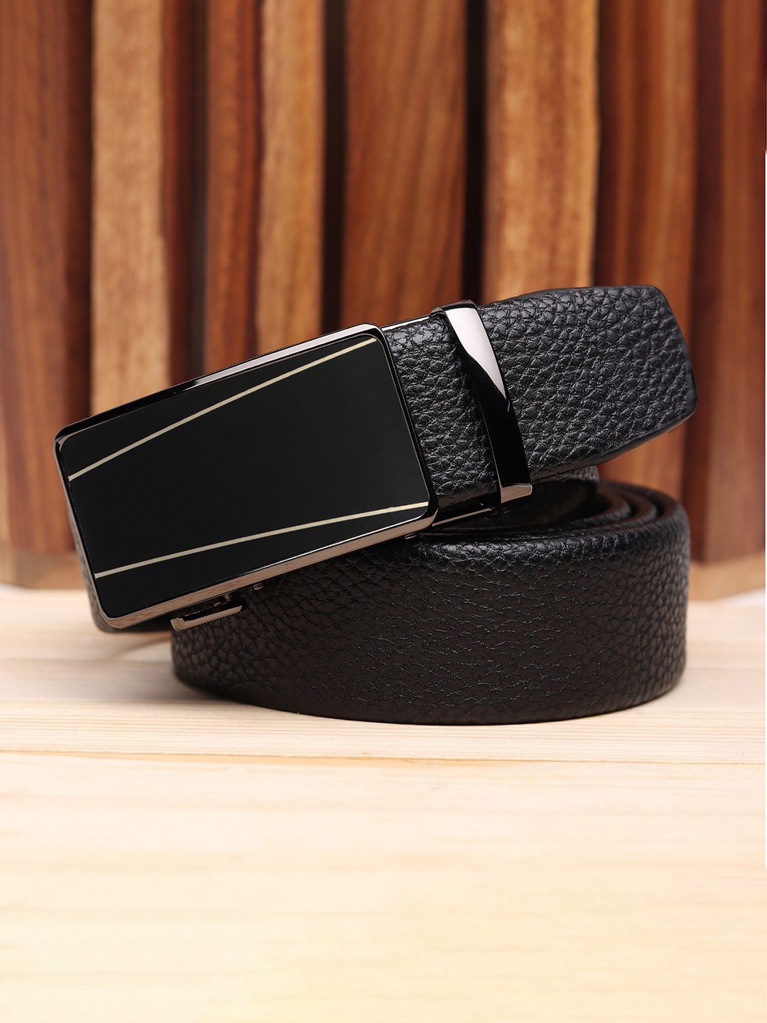 

WINSOME DEAL Men Slider Buckle Closure Textured Formal Belt, Black