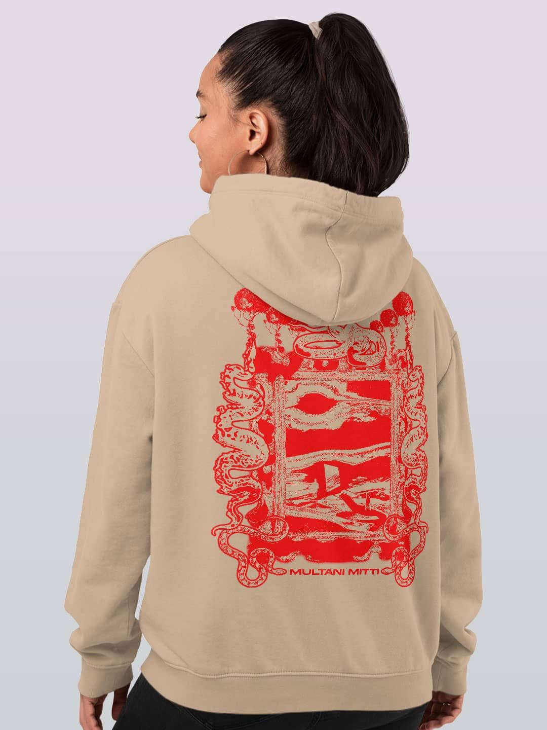 

macmerise Women Printed Hooded Sweatshirt, Beige