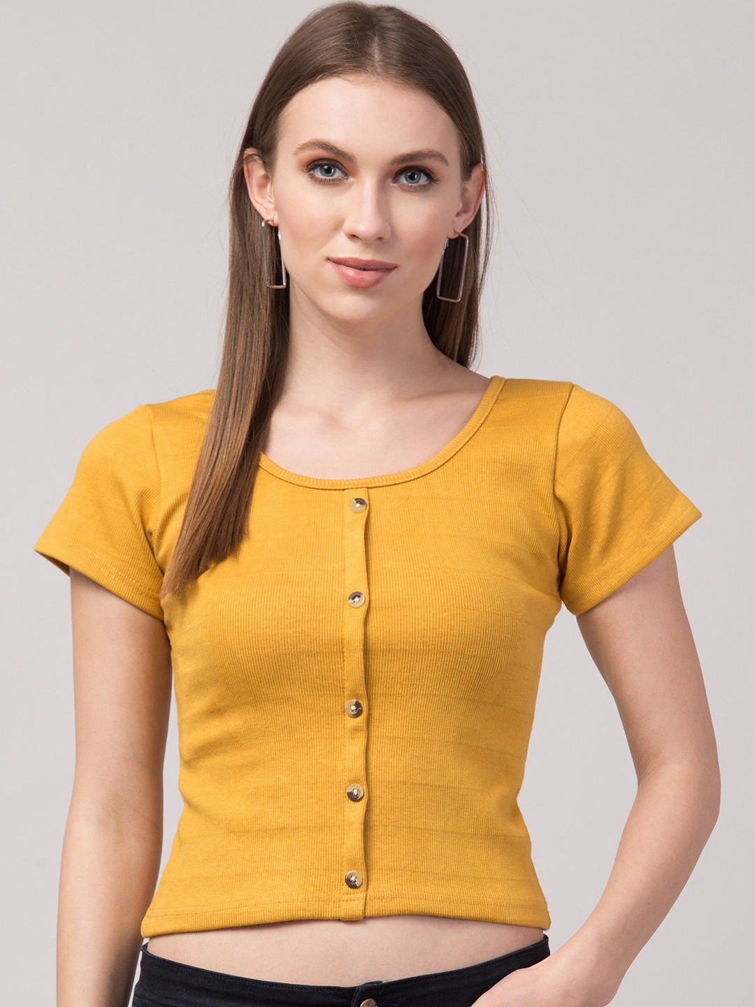 

Nalax Designs Women Round Neck Short Sleeves Crop Top, Mustard