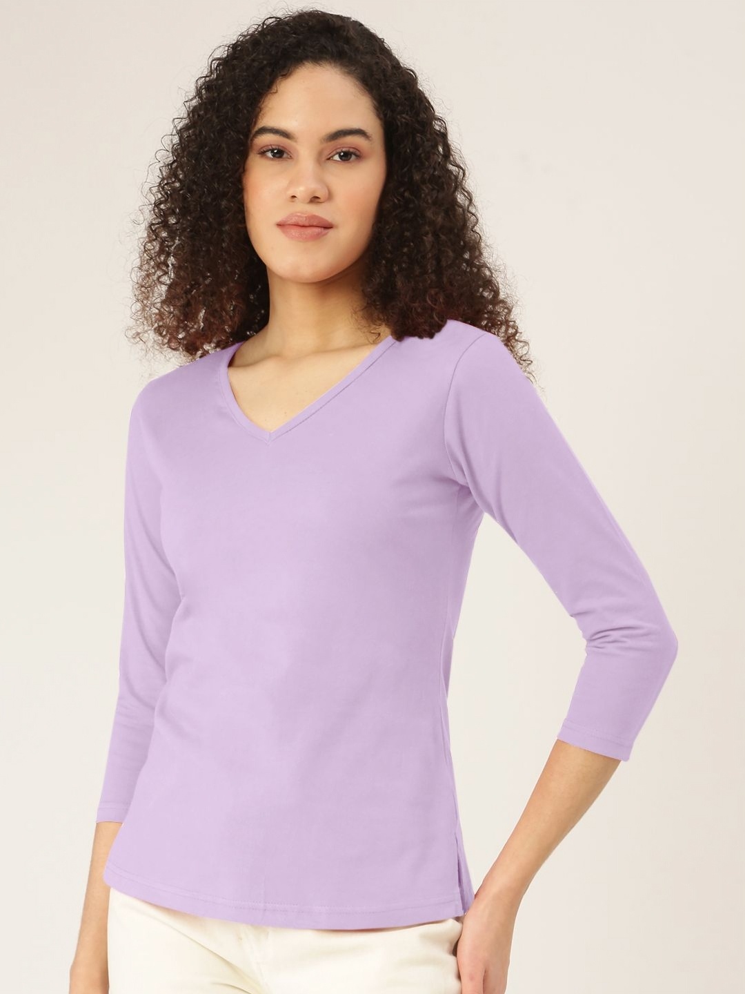 

BRINNS Women Solid V-Neck Cotton T-shirt, Lavender