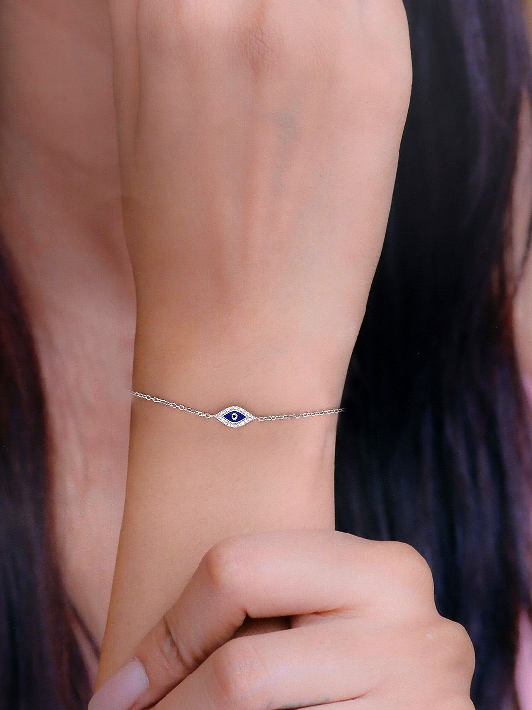 

KAI JEWEL Sterling Silver CZ Studded Rhodium-Plated Evil Eye Minimalistic Link Bracelet