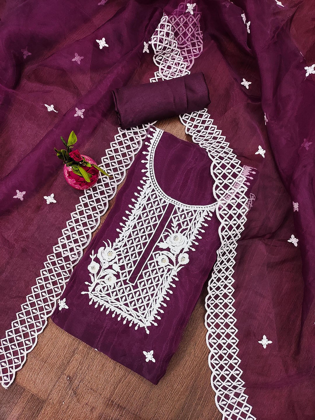 

KALINI Floral Embroidered Organza Unstitched Dress Material, Purple