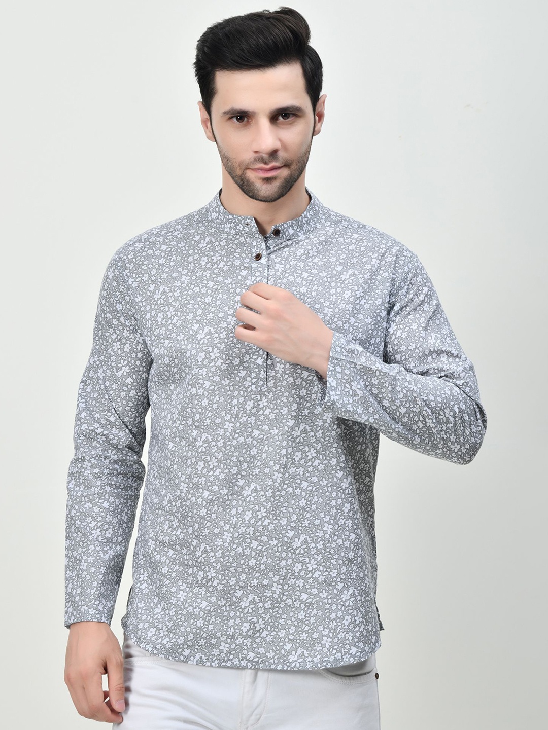 

BAESD Floral Printed Band Collar Pure Cotton Straight Kurta, Grey