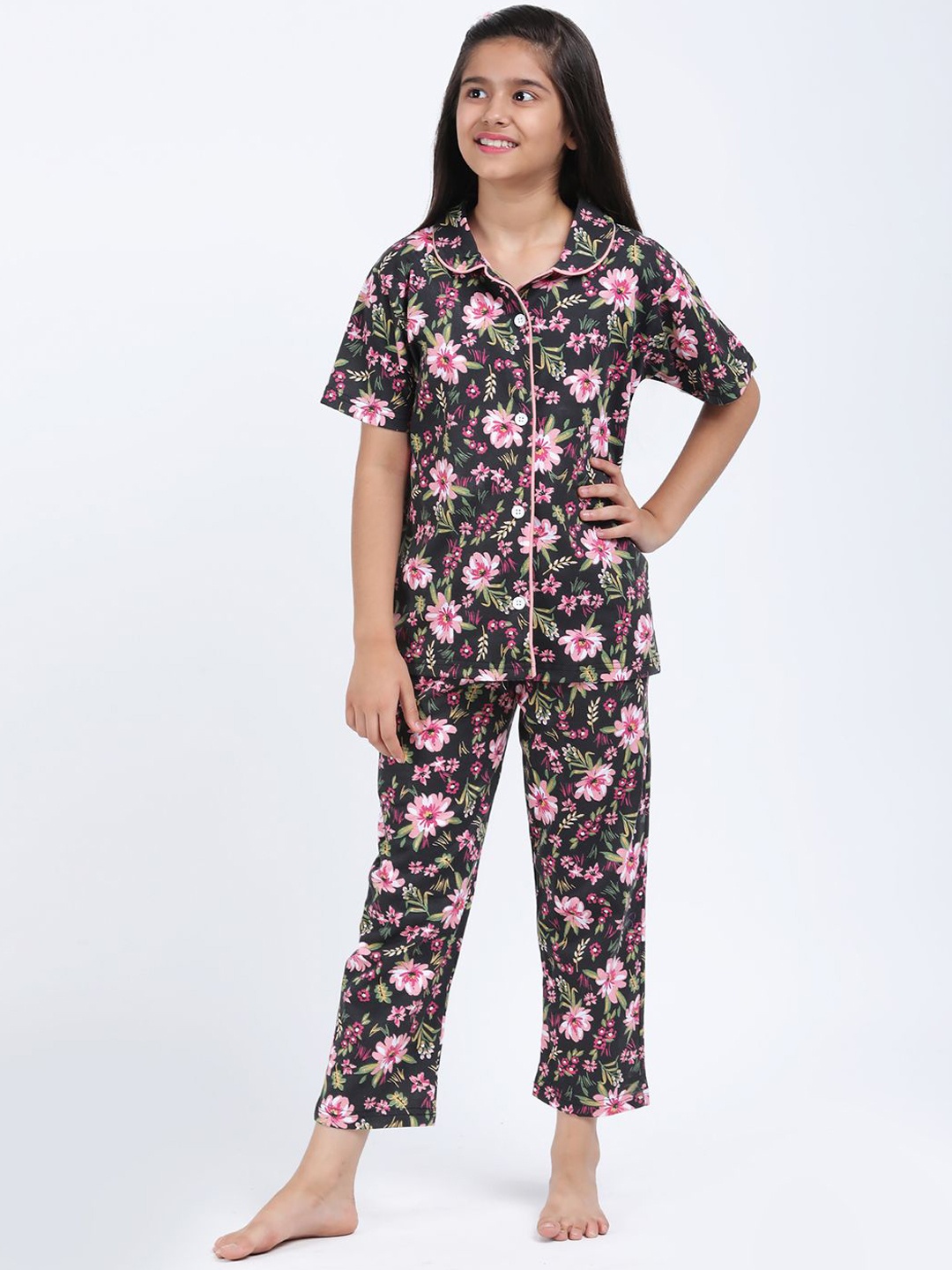 

Elzoh Girls Printed Lapel Collar Pure Cotton Night suit, Black