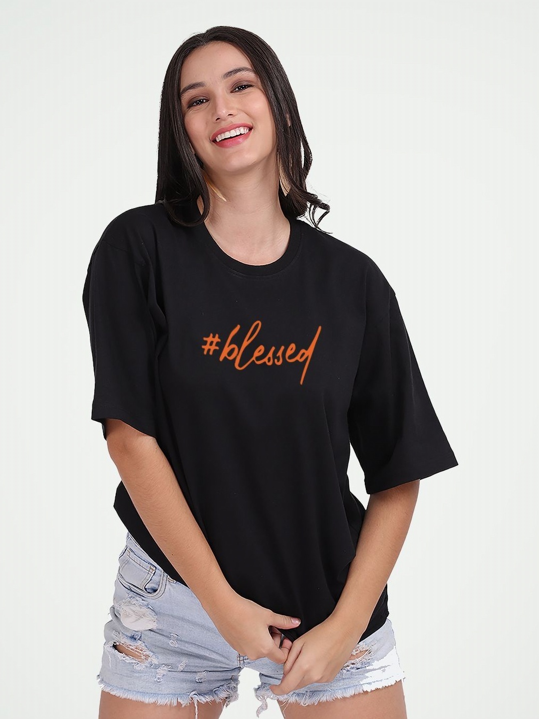 

Mad Over Print Women Printed Round Neck Cotton Oversized T-shirt, Black