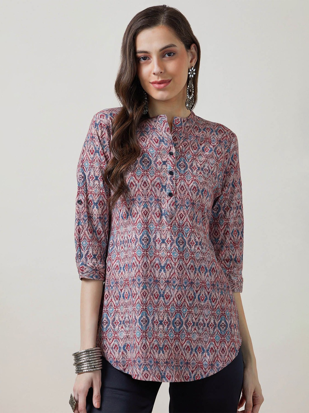 

Soch Ikat Printed Mandarin Collar Tunic, Pink