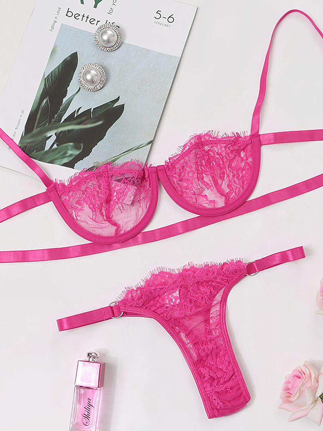 

LULU & SKY Low-Rise Lace Lingerie Set S5936G-ROSE RED