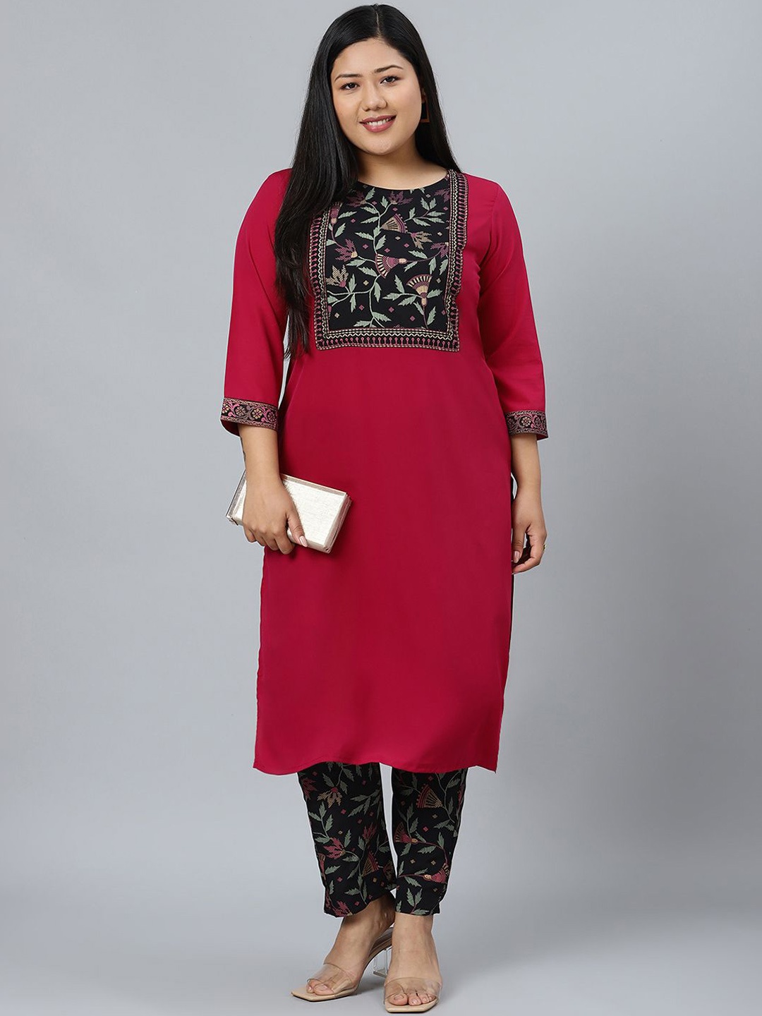 

Sztori Plus Size Floral Printed Straight Kurta With Trousers, Pink