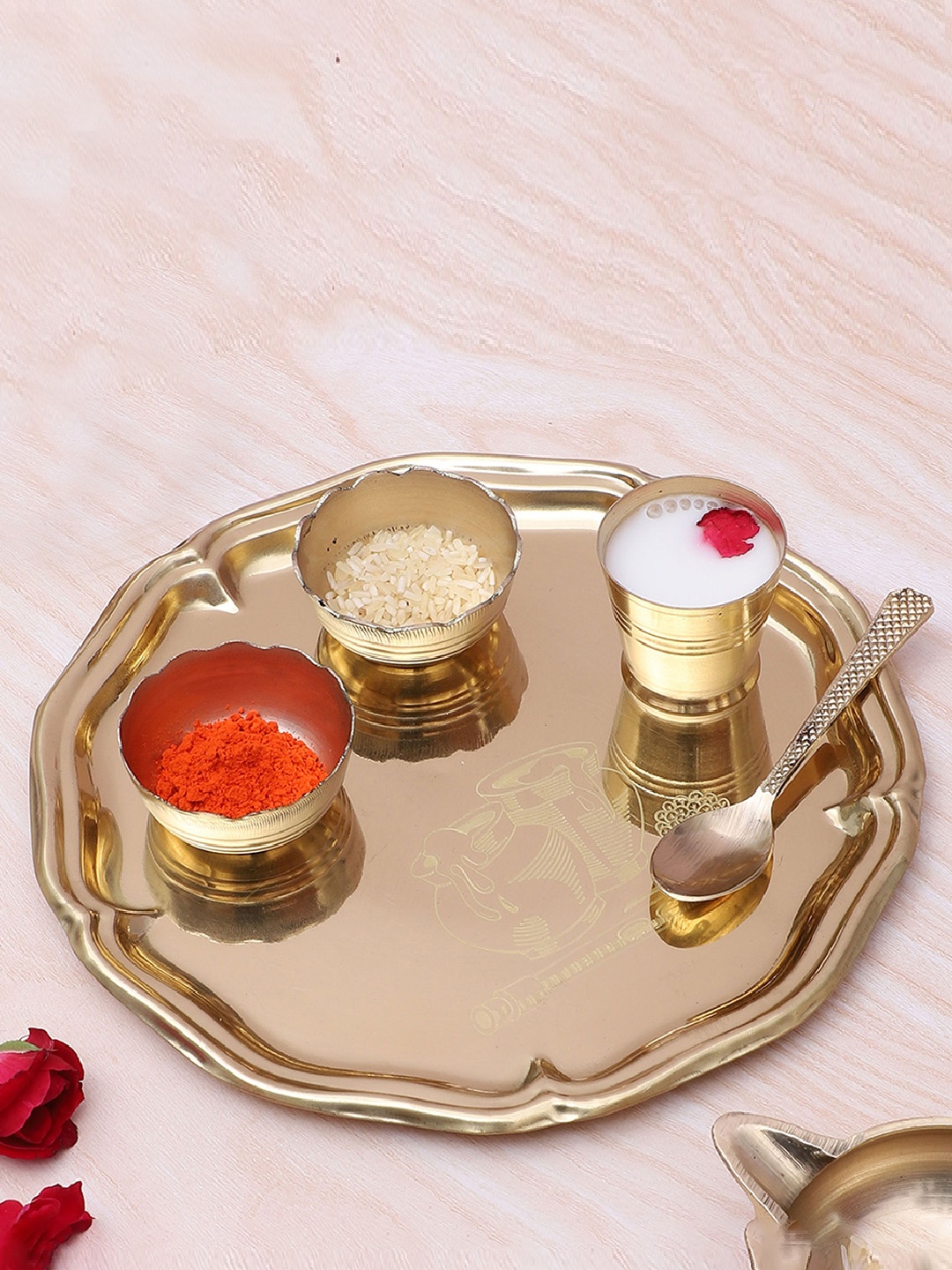 

Two Moustaches Gold Toned 5 Pieces Textured Brass Pooja Thali