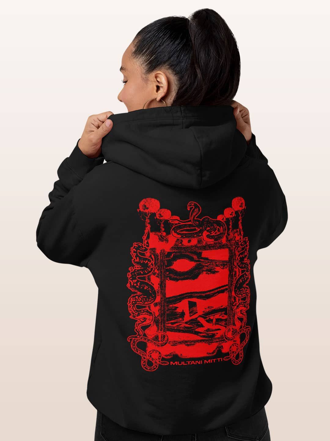 

macmerise Women Printed Hooded Sweatshirt, Black