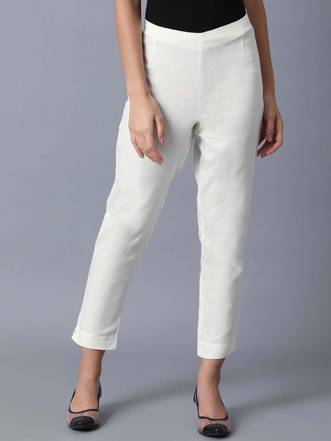 

W Women Slim Fit Mid-Rise Flat-Front Trousers, White