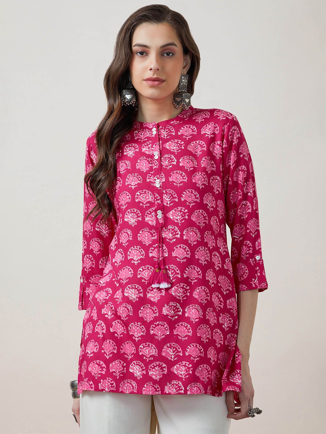 

Soch Floral Printed Mandarin Collar Tunic, Pink