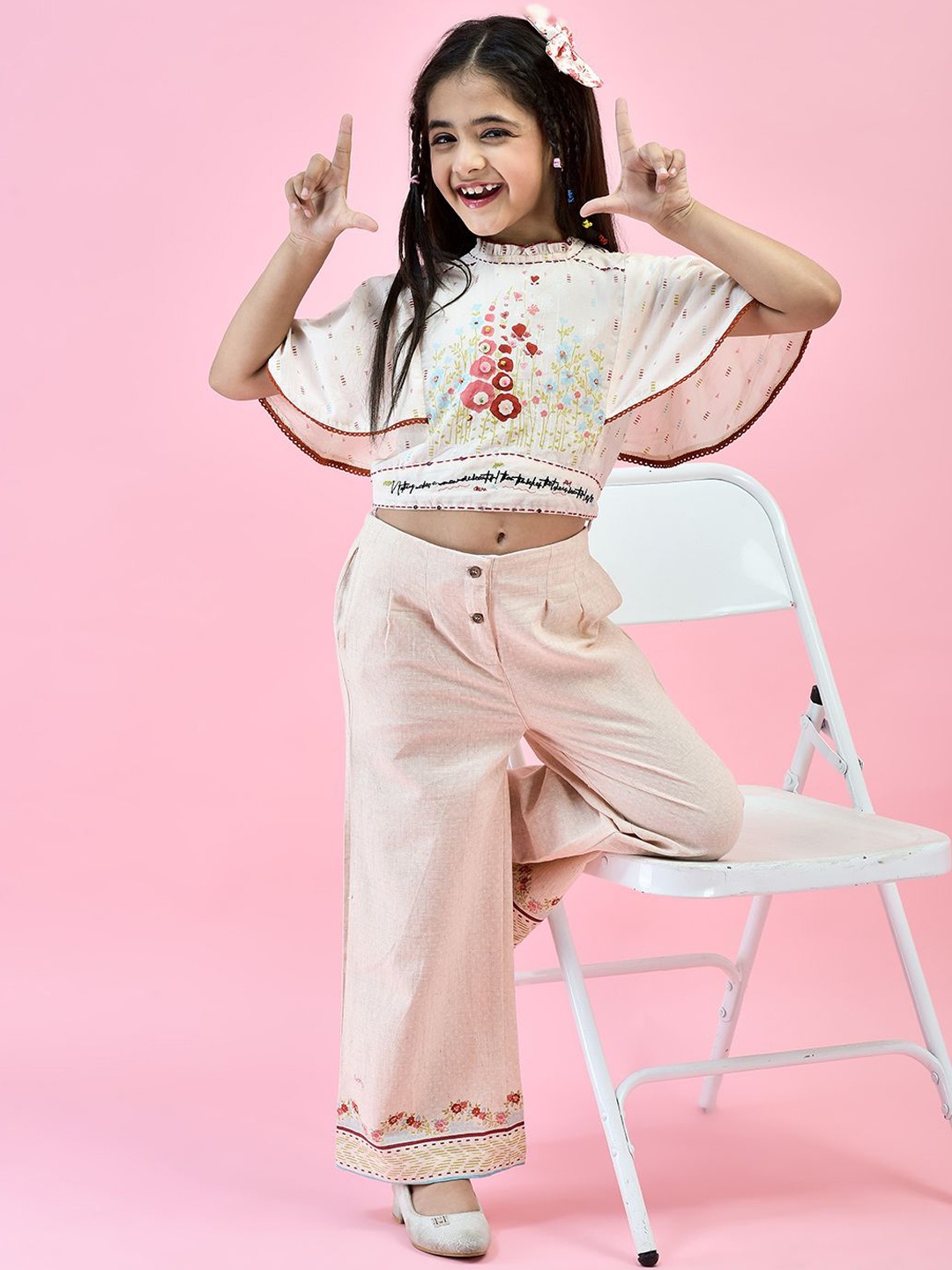 

Juniper Girls Printed Pure Cotton Top With Trousers, Peach