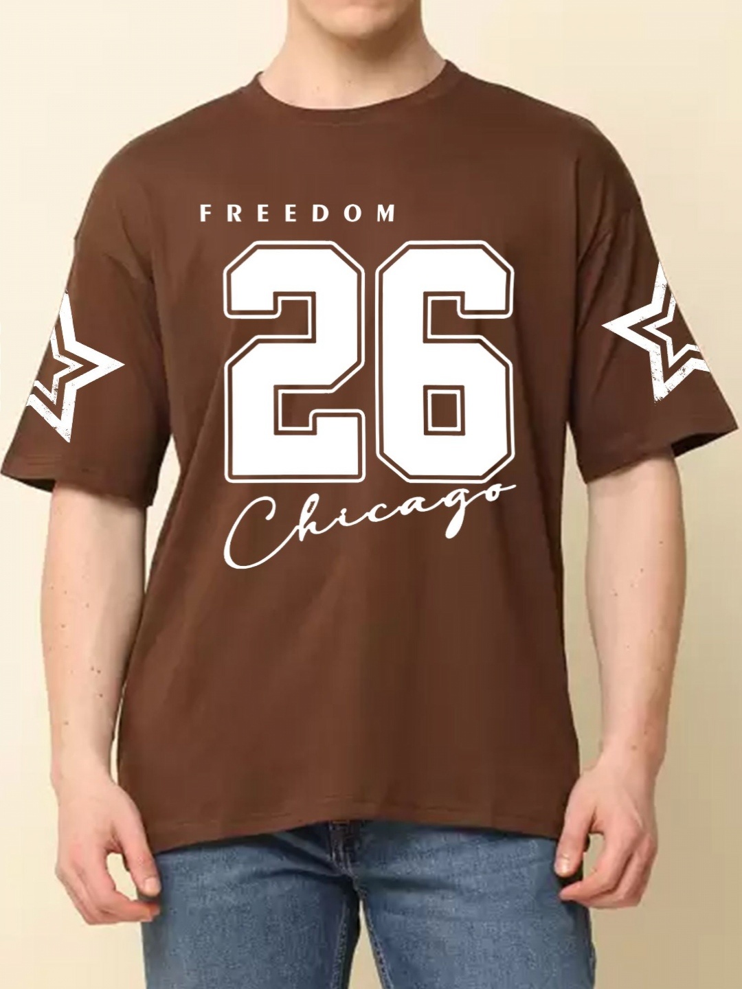 

TABADTOD Men Varsity Printed Applique T-shirt, Brown