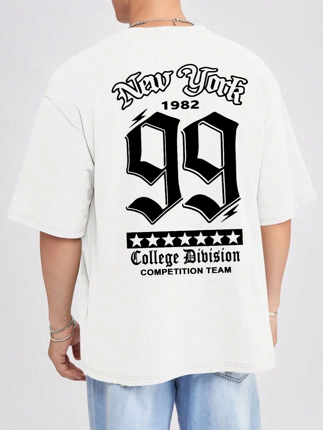 

TABADTOD Men Varsity V-Neck Drop-Shoulder Sleeves Applique T-shirt, White