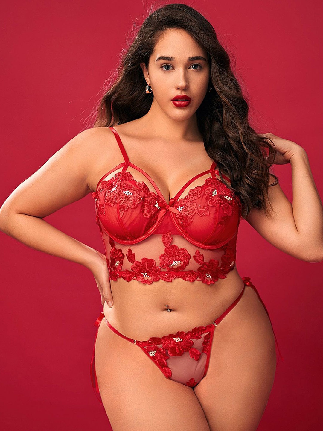 

LULU & SKY Embroidered Plus Size Strappy Lingerie Set, Red