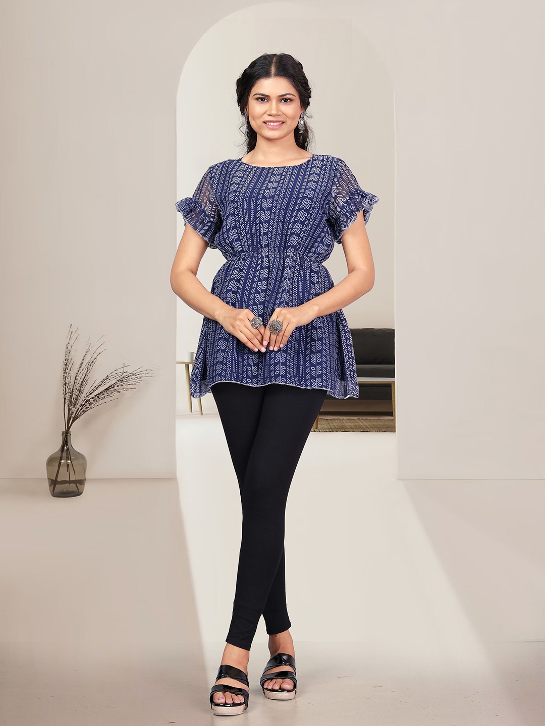 

VAAZI CREATOR Print Flutter Sleeve Ruffles Georgette Top, Blue