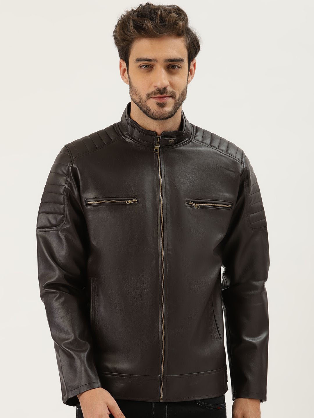 

Leather Retail Men Lightweight Biker Jacket, Coffee brown