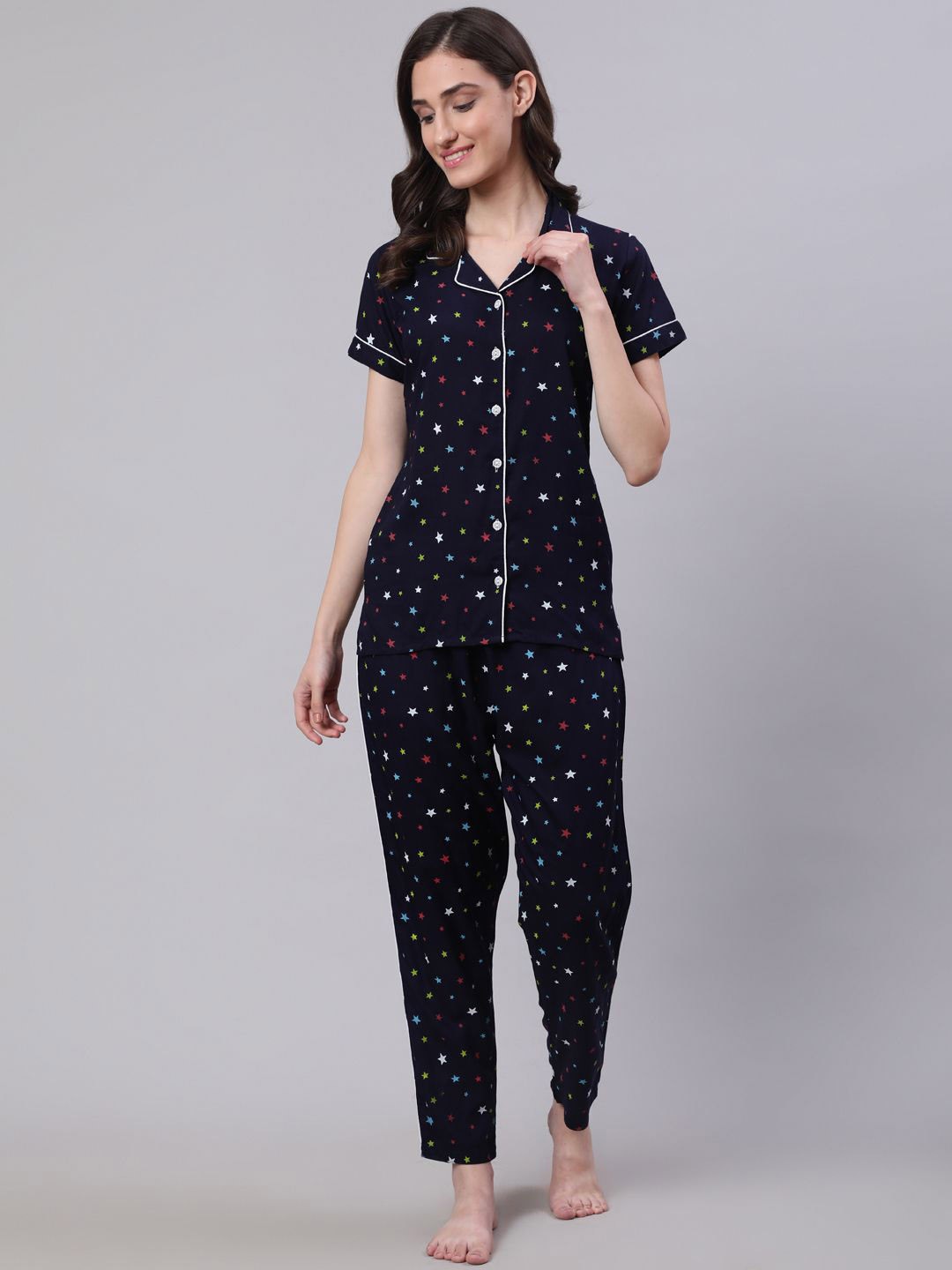 

Light Daisy Women Printed Half Sleeve Lapel Collar Shirt Night suit Shirt Pyjama Set, Navy blue
