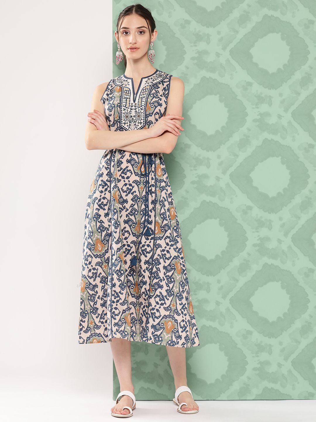 

Nayam By Lakshita Printed Sleeveless Cotton A-Line Midi Dress, Blue
