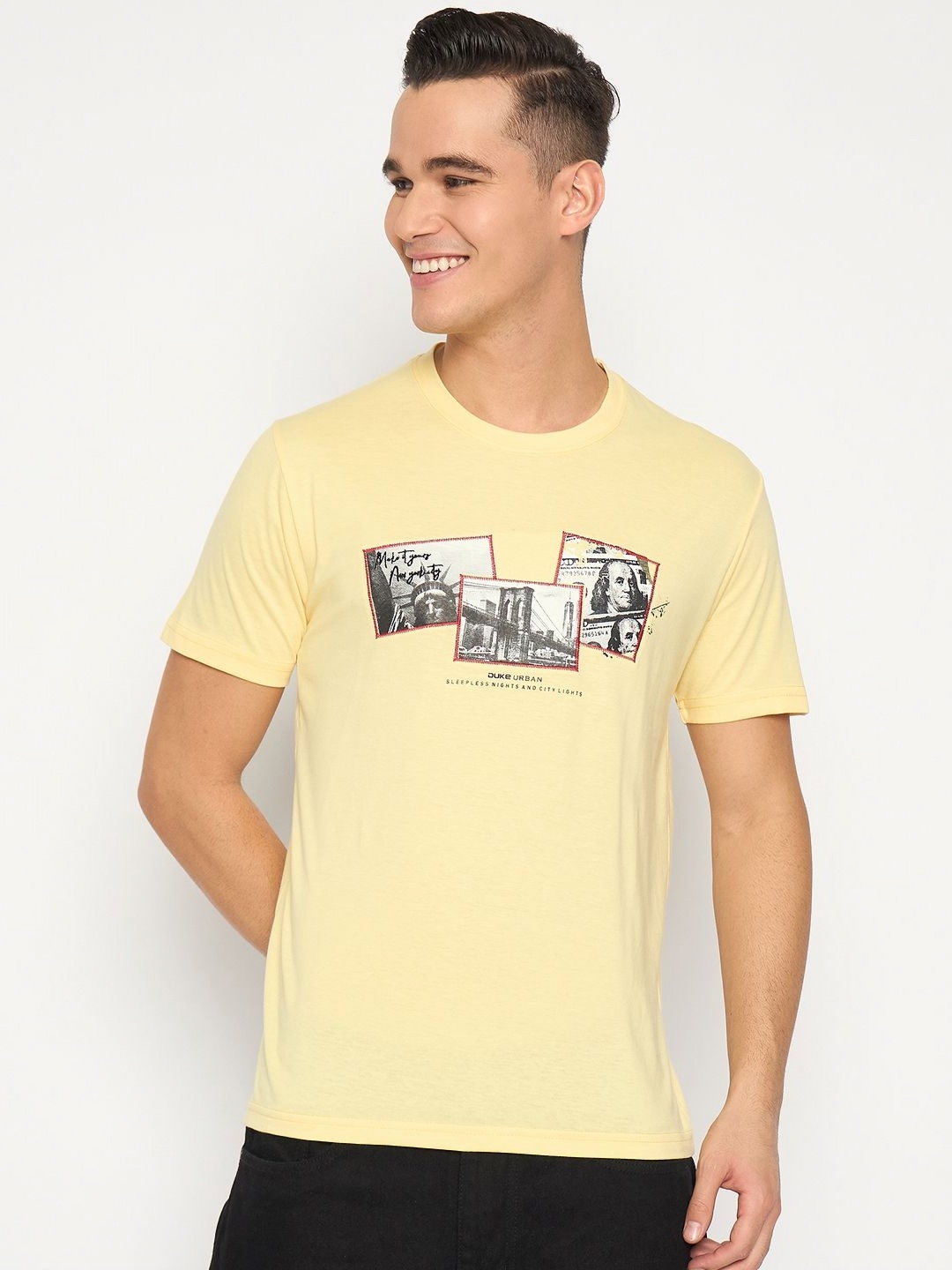 

Duke Men Graphic Printed Round Neck Cotton Slim Fit T-shirt, Yellow