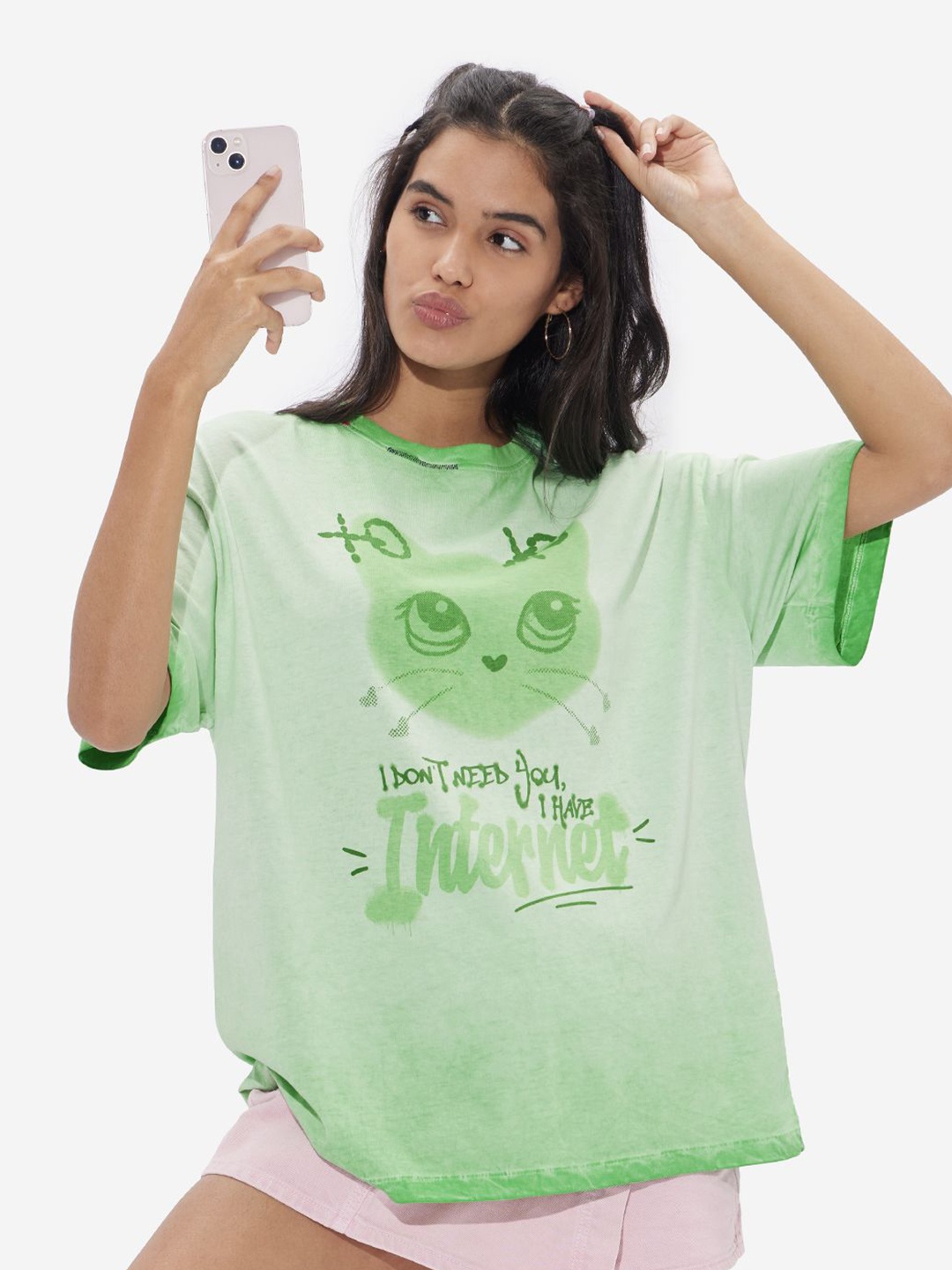 

The Souled Store Women Graphic Printed Round Neck Cotton Oversized T-shirt, Green