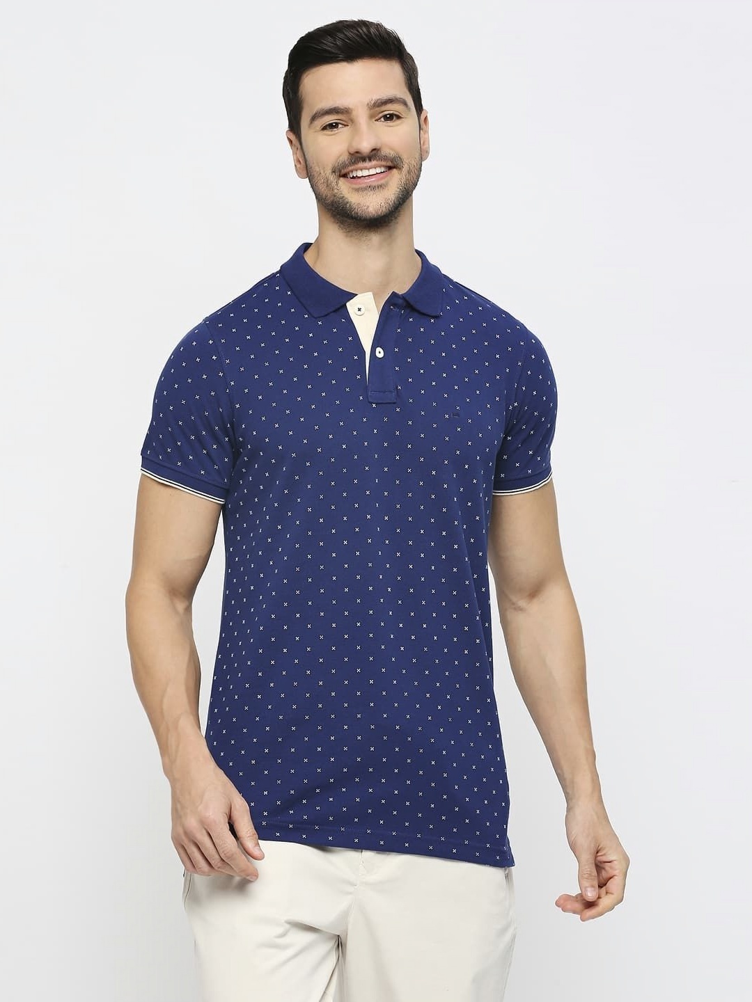 

Basics Men Abstract Printed Polo Collar Cotton Slim Fit T-shirt, Blue