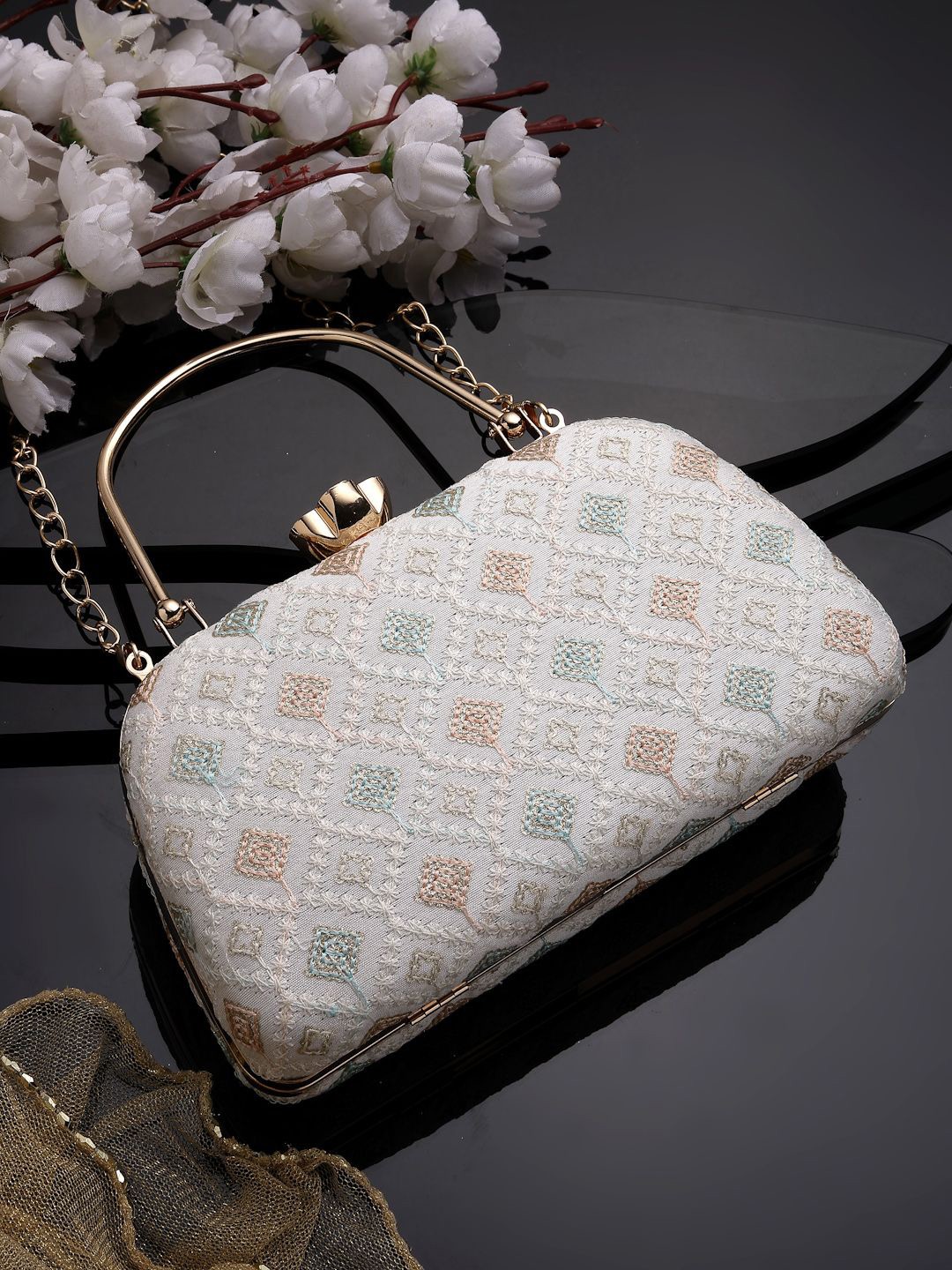 

Anekaant Embroidered Box Clutch, White