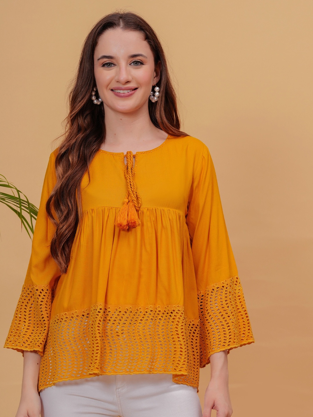 

CHIRAAI Tie-Up Neck Bell Sleeve Top, Mustard