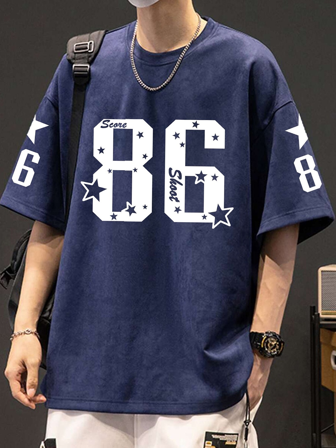 

TABADTOD Men Varsity V-Neck Applique T-shirt, Navy blue