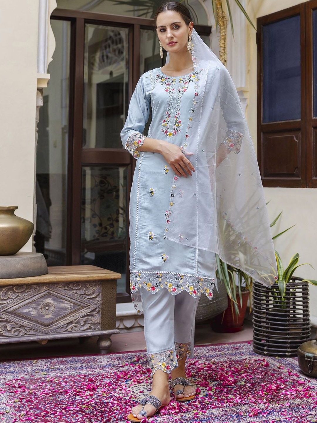 

VredeVogel Floral Embroidered Straight Kurta & Trousers With Dupatta, Blue