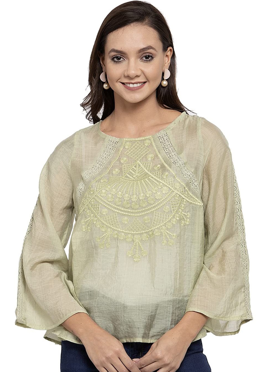 

Global Republic Flared Sleeve Cotton Top, Green