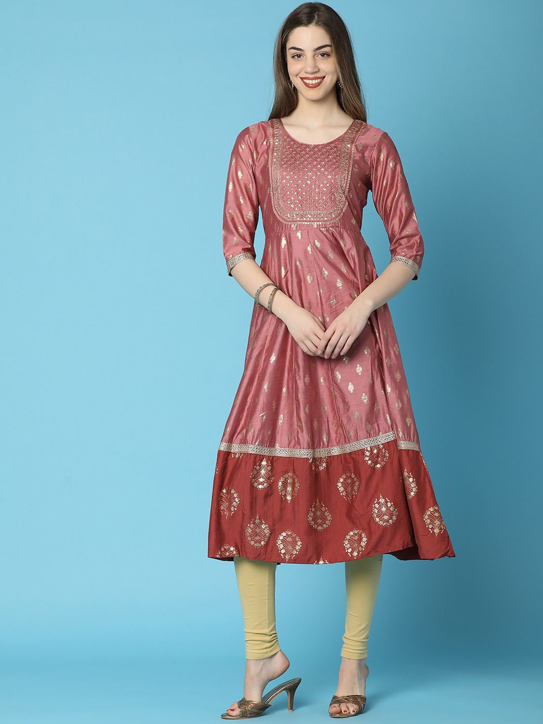 

V-Mart Ethnic Motifs Printed Round Neck Anarkali Panelled Kurta, Mauve