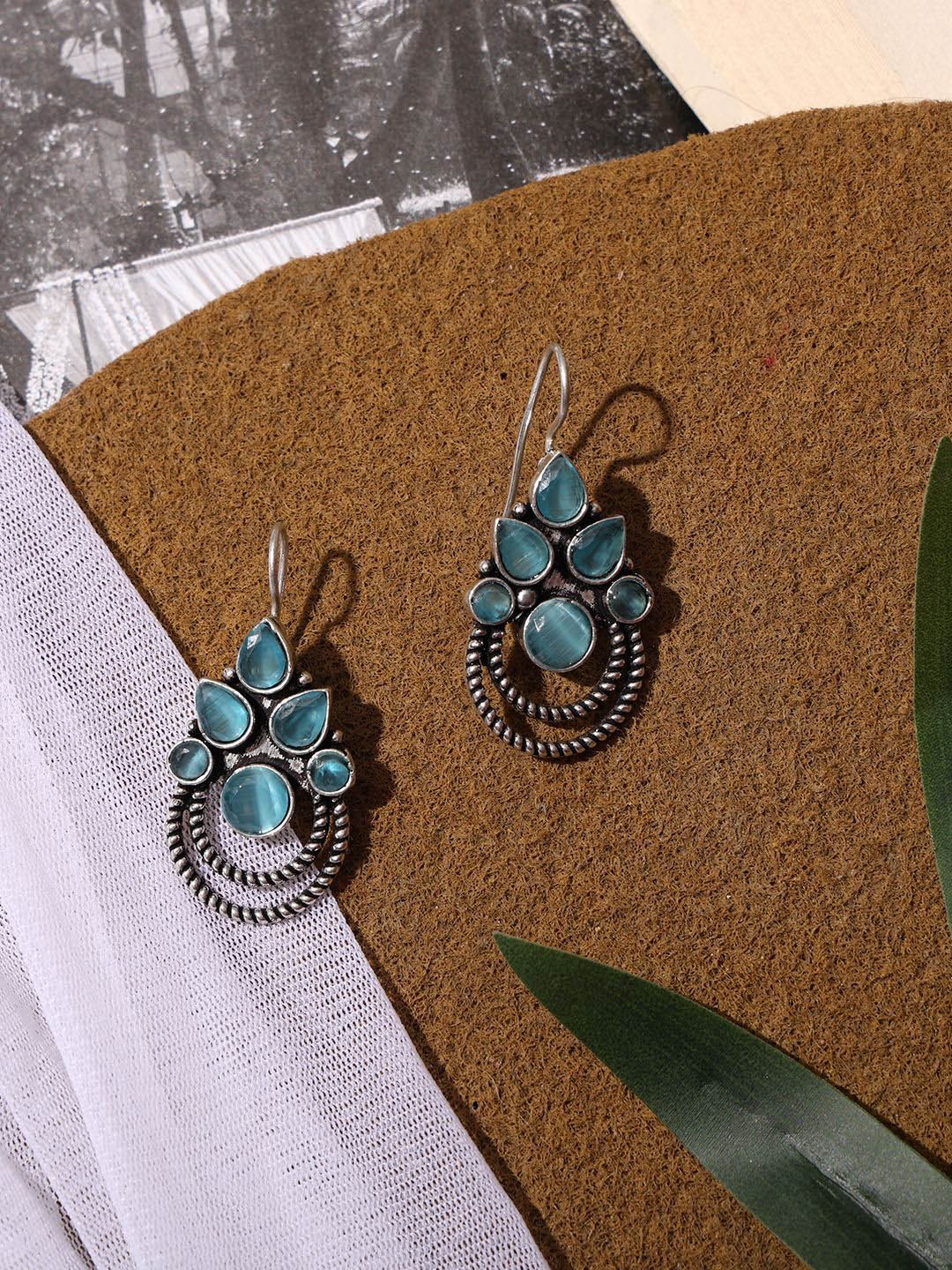 

VENI Silver-Plated Oxidised Contemporary Stones Studded Drop Earrings