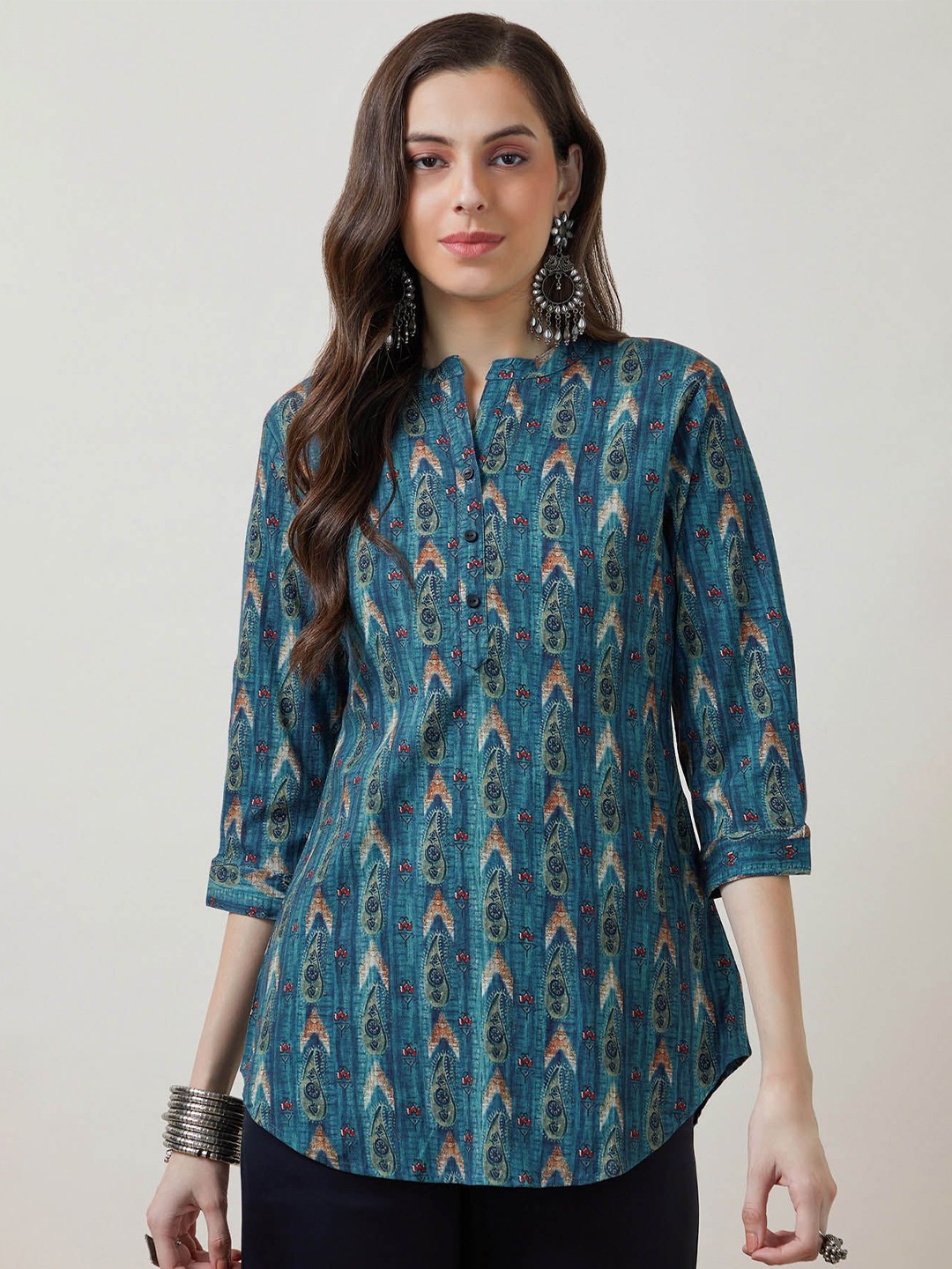 

Soch Ethnic Printed Mandarin Collar Tunic, Blue