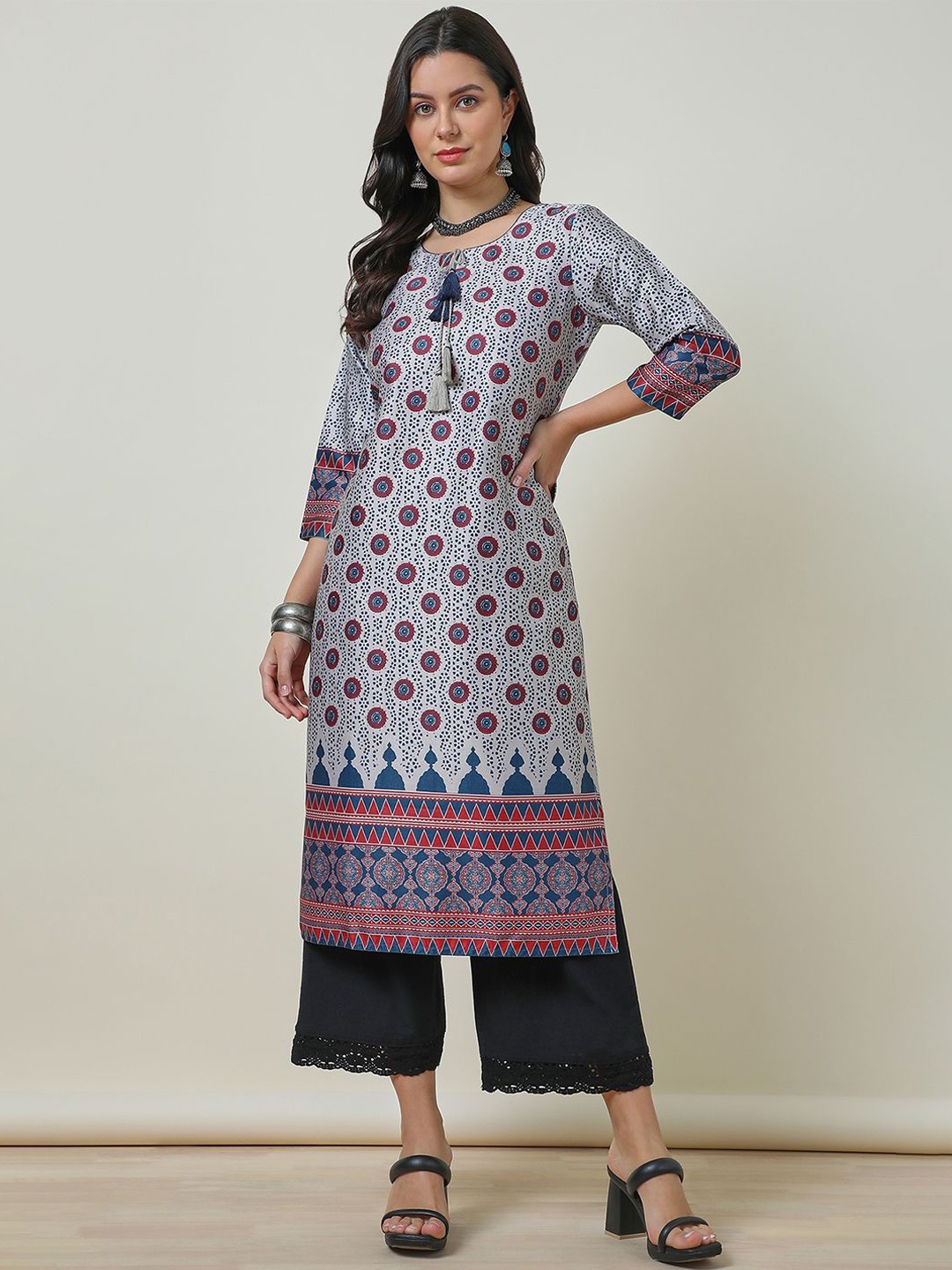 

Soch Ethnic Motifs Printed Tie-Up Neck Straight Kurta, Grey