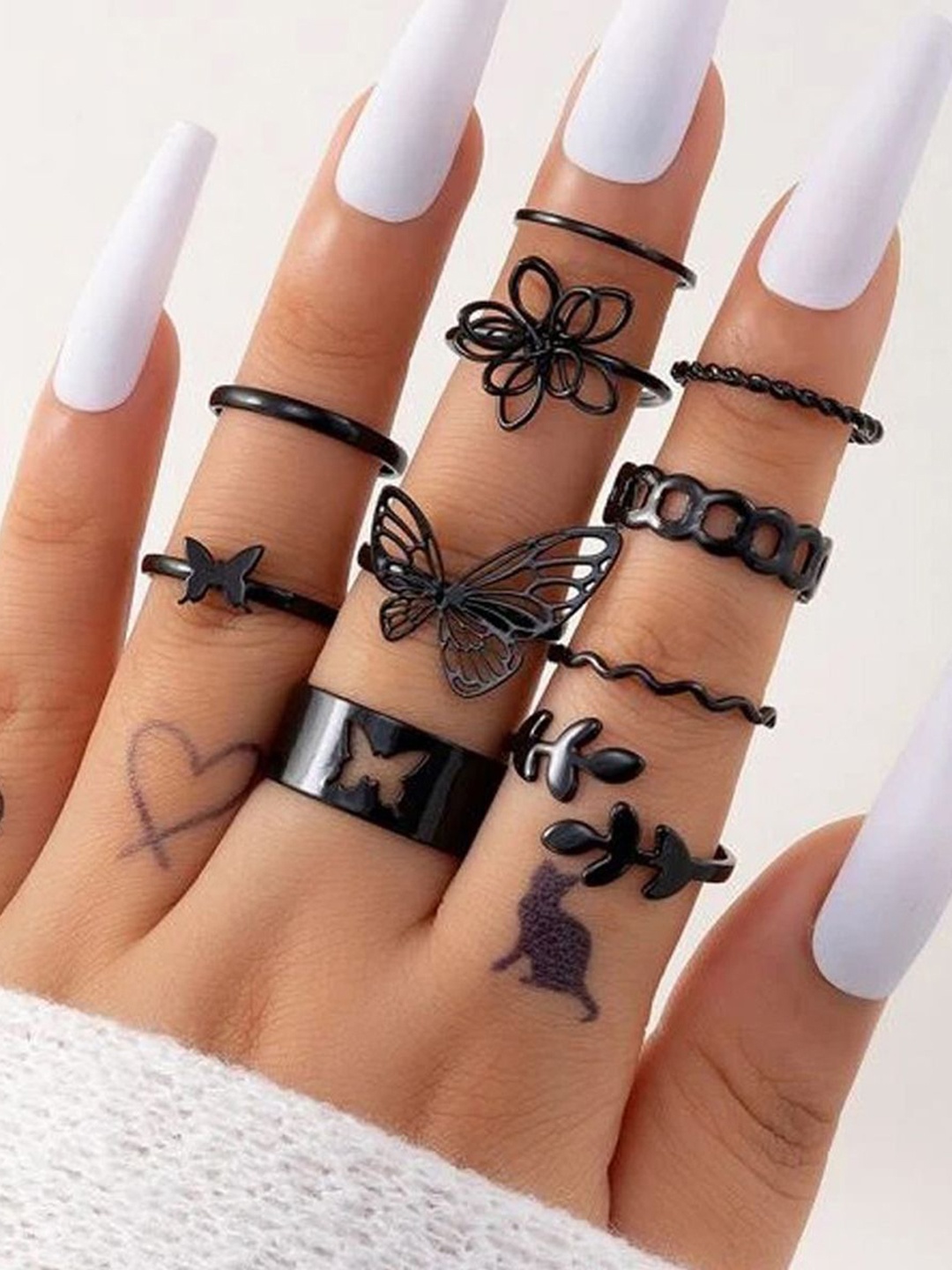 

Jewels Galaxy Set Of 10 Butterfly Themed Stackable Finger Ring, Black