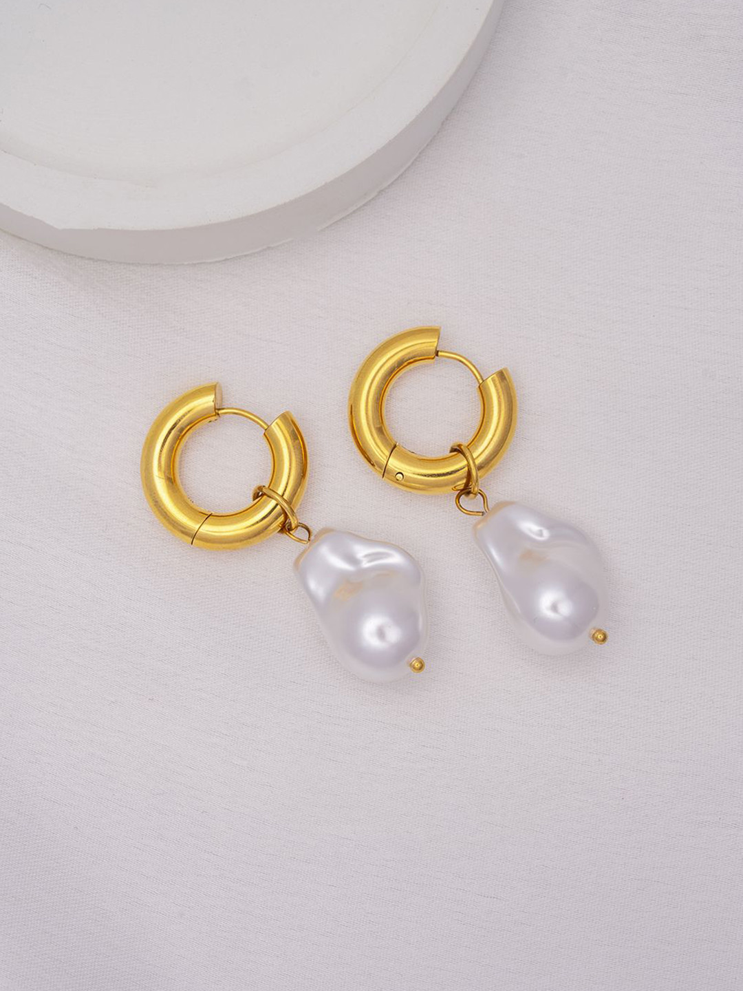 

Perfectly Average Stainless Steel Gold-Plated Water Pearl Drop Hoop Earrings