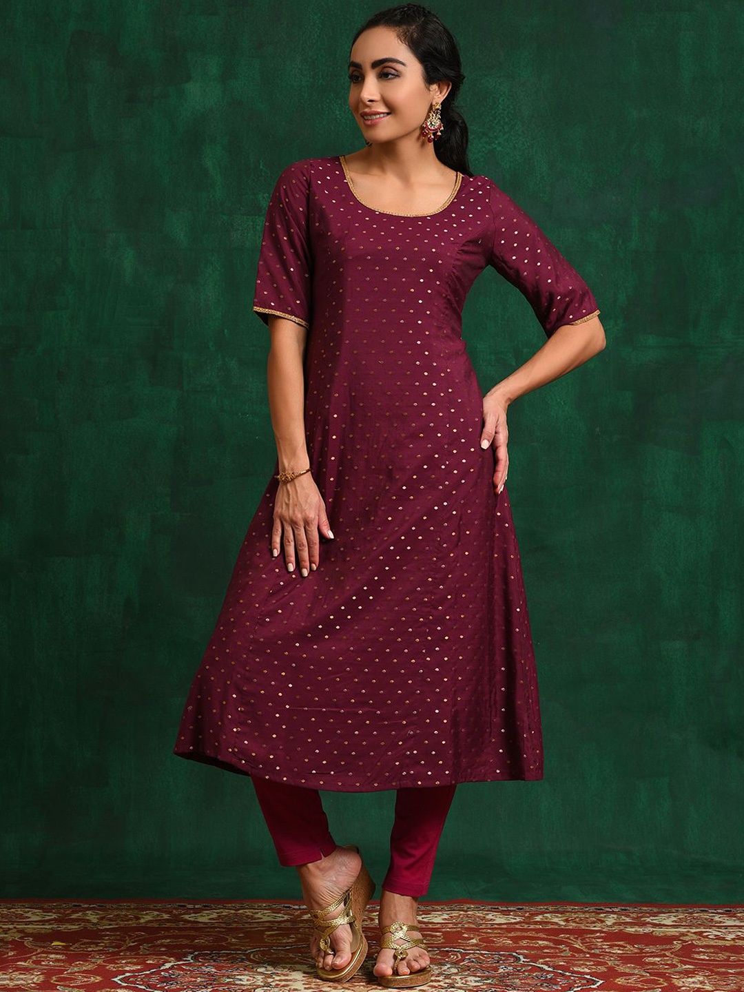 

Sangria Ethnic Motifs Printed Chanderi Silk A-Line Kurta, Burgundy