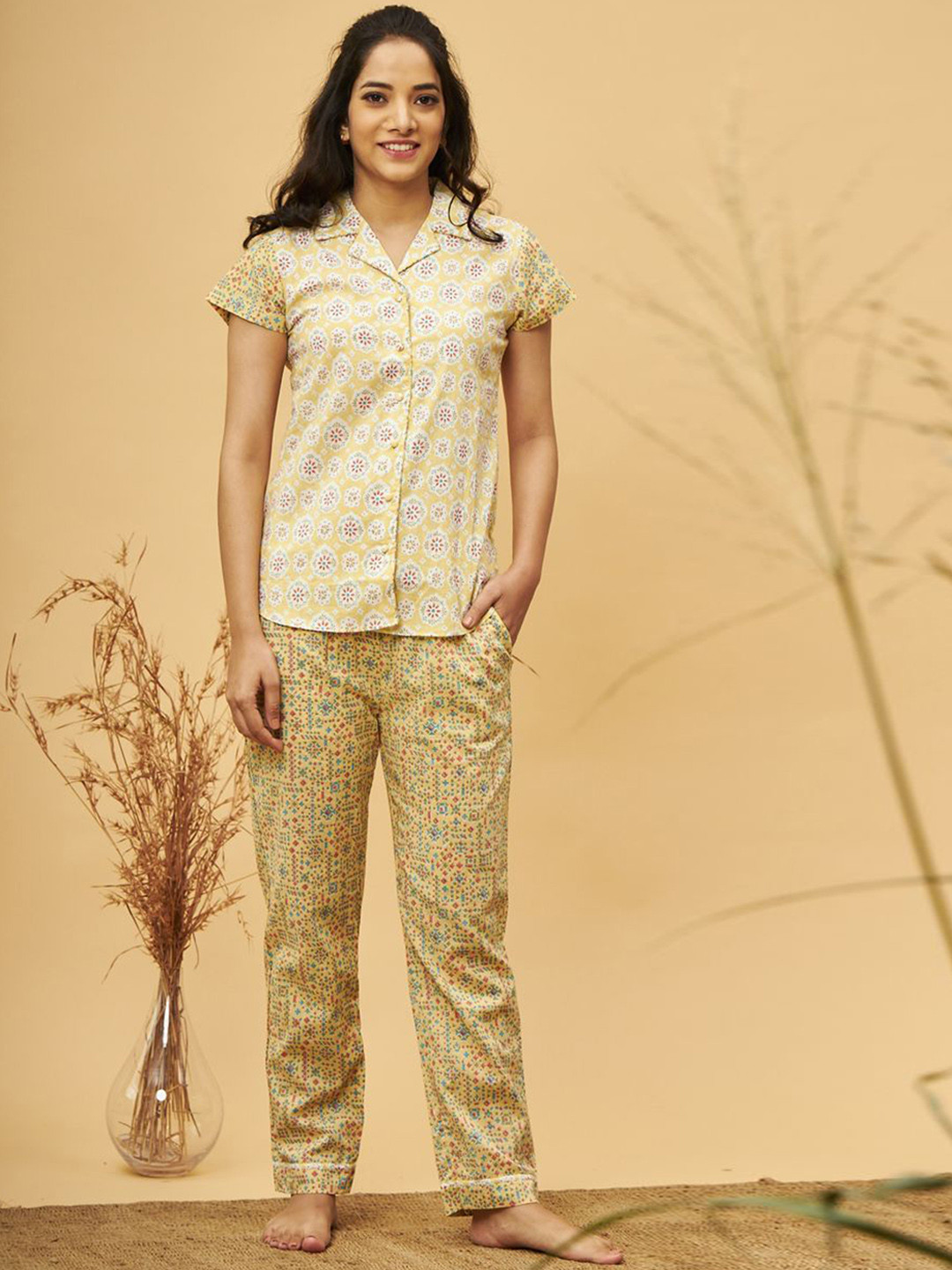 

July Women Ethnic Motif Night suit JPR010, Yellow