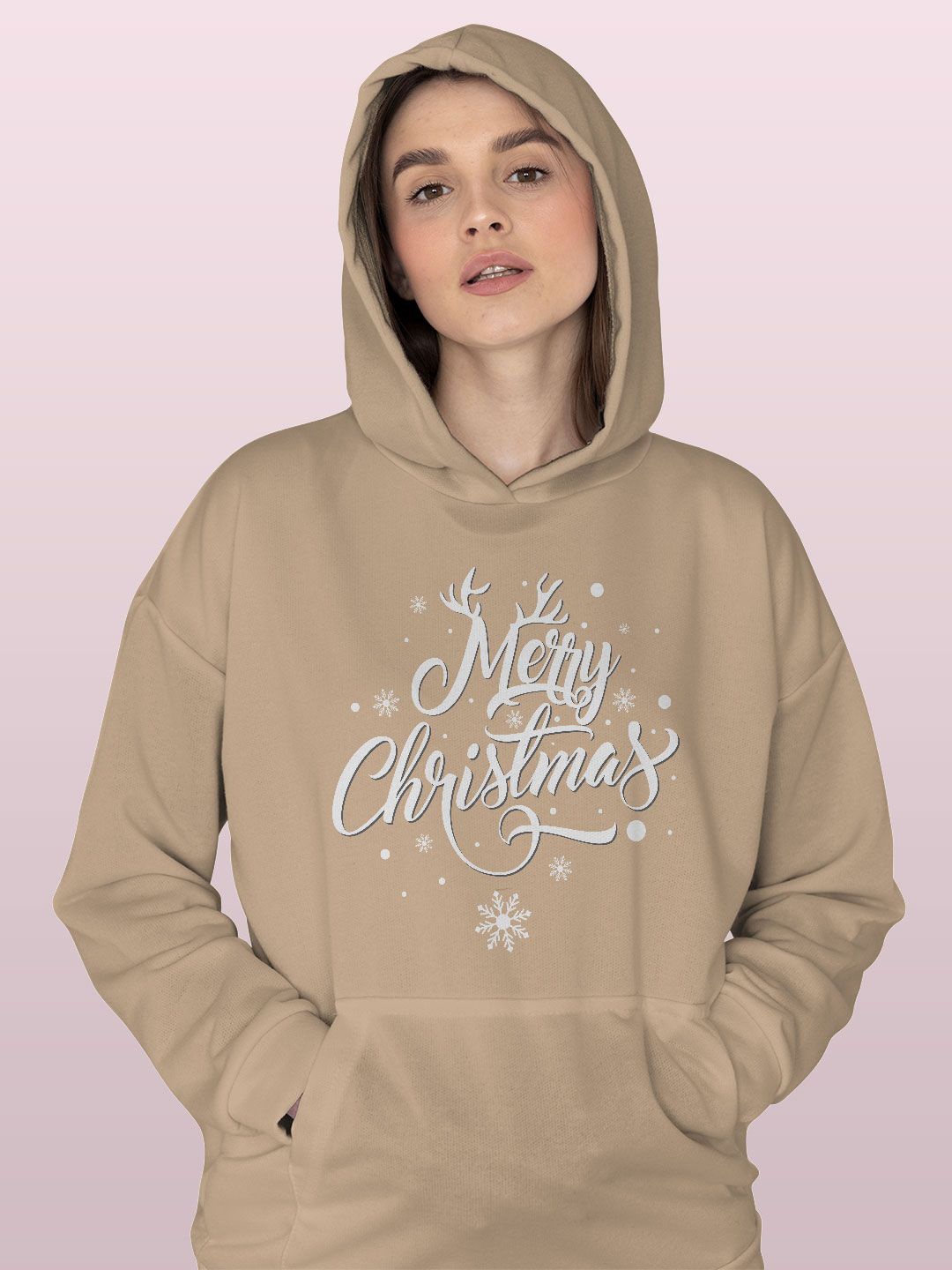 

macmerise Women Printed Hooded Sweatshirt, Beige