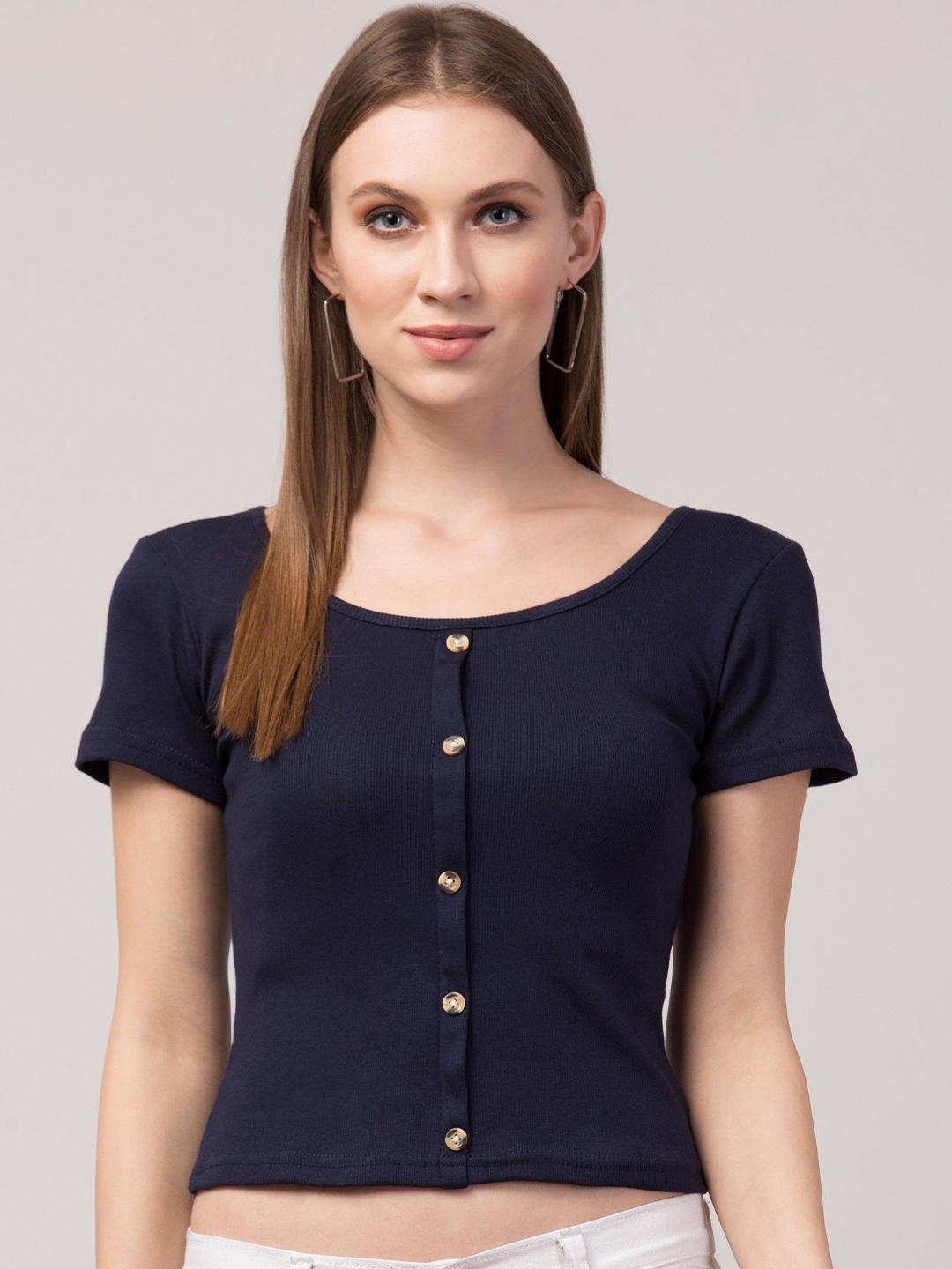 

Nalax Designs Women Round Neck Short Sleeves Crop Top, Navy blue